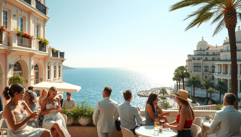 A beautiful coastal scene of Monte Carlo, showcasing a vibrant daytime atmosphere. In the foreground, include elegantly dressed individuals in professional attire enjoying the sunny day—women in summer dresses and men in light suits, sipping drinks at an outdoor café. The middle ground features classic Mediterranean architecture with pastel colors and lush green plants adorning balconies. In the background, the stunning blue waters of the Mediterranean Sea shimmer under the warm sunlight, with the iconic Monte Carlo Casino visible on the right side, framed by palm trees. Use soft, natural lighting to create a peaceful and inspiring mood, capturing the elegance of this glamorous location. The angle should be slightly elevated to give a panoramic view of the lively scene.