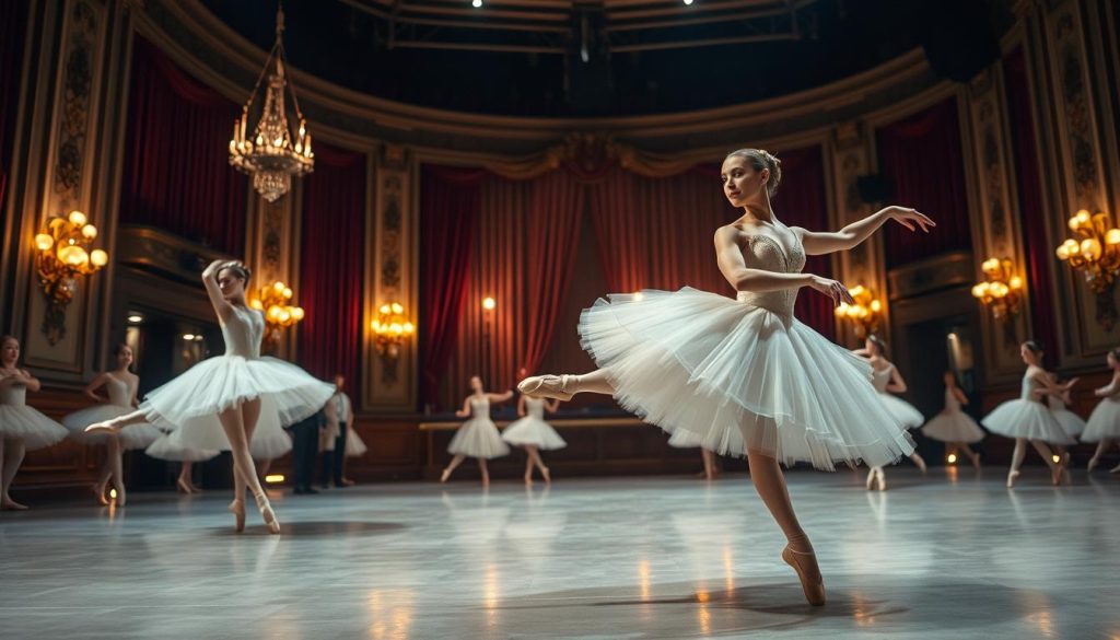 A captivating ballet scene set at L’Olympia, highlighting dancers in elegant costumes rehearsing for a performance. In the foreground, two graceful ballerinas with poised expressions execute a beautiful arabesque, their tutus flowing gracefully. In the middle ground, the stage is illuminated with soft, warm lights, creating a magical atmosphere. The backdrop features ornate theater decor, with rich velvet curtains and elaborate lighting fixtures. The mood is vibrant and energetic, capturing the spirit of the 1960s dance revival. The scene's angle is slightly elevated, providing a dynamic view of the stage and audience. The lighting casts delicate shadows, enhancing the dancers' movements. This image conveys the essence of ballet's impact during this transformative era in dance history.