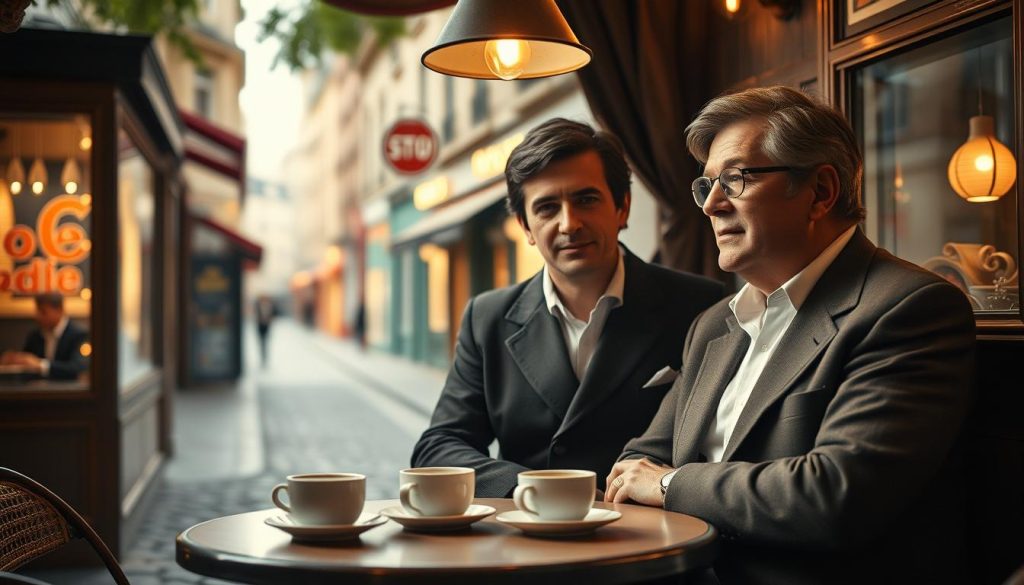 A cozy, nostalgic scene capturing the essence of French chanson, featuring vintage portraits of Claude François and Gilbert Bécaud, both dressed in elegant, modest 1960s attire. Foreground focuses on a small, round cafe table adorned with cups of espresso and a soft, ambient glow from hanging pendant lights, creating an intimate atmosphere. Middle ground shows a backdrop of a softly lit Parisian street with hints of colorful shop signs and cobblestone paving, invoking a warm, romantic evening. Soft daylight filters through the scene, casting gentle shadows and highlighting the musicians' expressions, merging admiration and longing. The overall mood is reflective and sentimental, emphasizing the emotional connections tied to love and artistry.