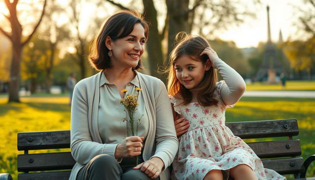 A heartwarming scene featuring a mother and daughter duo, inspired by singer Gilbert Becaud and his daughter Jennifer. In the foreground, a stylish woman in her 30s, dressed in a modest, elegant blouse and a soft cardigan, sits on a park bench, holding a small bouquet of wildflowers, her expression warm and contemplative. The young girl, around 10 years old, sits beside her, wearing a cheerful dress with floral patterns, playfully tucking her hair behind her ear. The middle ground showcases a sun-dappled park with gentle greenery, while the background reveals a hint of a vintage Parisian skyline at sunset, casting a golden hue across the scene. The overall mood is nostalgic and tender, capturing a moment of connection and familial love. Soft lighting and a slight depth of field enhance emotional intimacy.