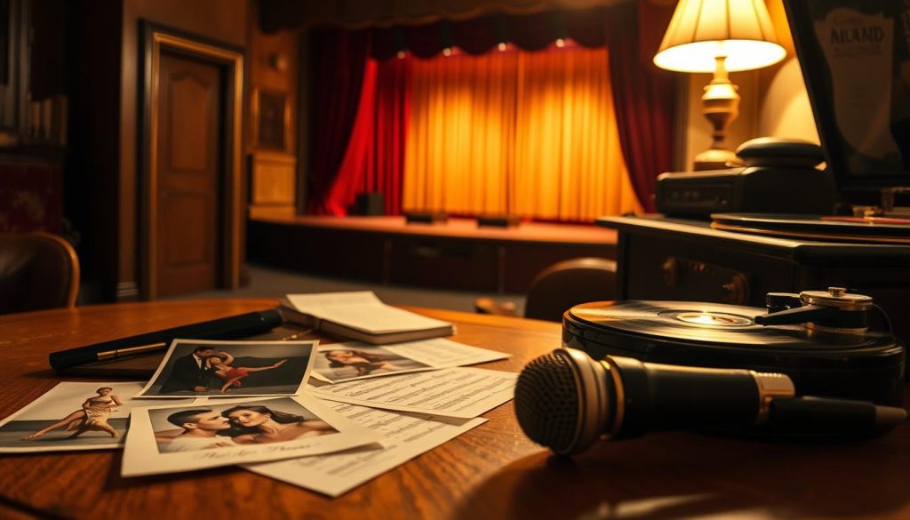 A nostalgic still life capturing the essence of the "années oubliées" era, featuring a vintage microphone, a gramophone, and sheet music scattered on an elegant wooden table. In the foreground, soft-focus photos of iconic dancers and singers from the past peek through, dressed in stylish 1960s attire, evoking memories of vibrant performances. The middle ground showcases a warm, dimly lit stage with velvet curtains, hinting at a bygone concert atmosphere. The background features an old-fashioned record player and a softly glowing lamp, casting gentle shadows. The overall mood should be dreamy and reflective, conveying a sense of longing for the music and dance of the past, illuminated by golden hour lighting that adds warmth and depth to the scene.