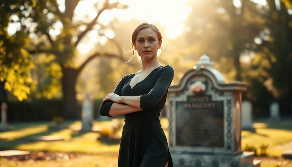 A poised female dancer, representing Janet Woollacott, stands gracefully in a sunlit, serene cemetery setting. In the foreground, the dancer is dressed in elegant, modest attire, exuding confidence and professionalism. Her expression reflects focus and determination, embodying the essence of identity verification. In the middle ground, a beautifully intricate tombstone is partially visible, adorned with floral arrangements that hint at remembrance. The background features soft, out-of-focus trees and gentle sunlight filtering through leaves, creating a peaceful and reflective atmosphere. The lighting is warm, suggesting late afternoon, and captured with a slight tilt-angle lens that emphasizes the dancer's pose while honoring the tranquility of the surrounding environment. This scene evokes a mood of introspection and homage.