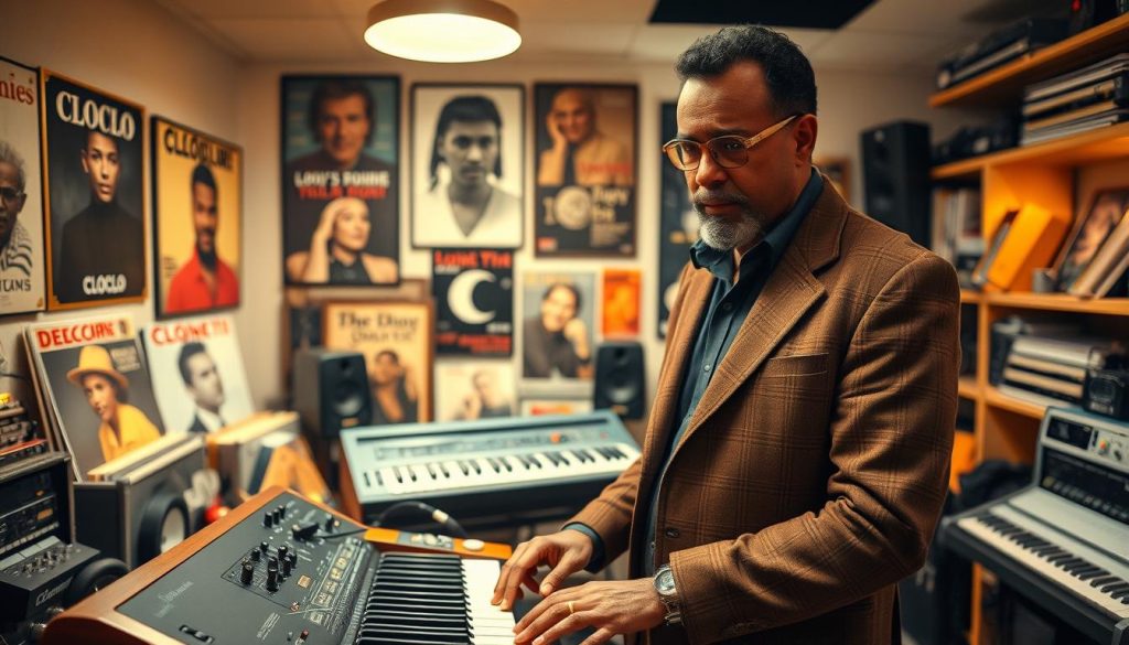 A portrait of Dominique Perrier, showcasing him as a distinguished musician in his professional attire, standing confidently in a well-lit recording studio filled with musical instruments and sound equipment. In the foreground, he's adjusting a vintage synthesizer, absorbed in his craft. The middle ground features a collection of vintage vinyl records and framed posters of his collaborations with iconic artists, hinting at his musical legacy. The background includes shelves packed with musical gear and warm golden lighting to create a cozy, inspiring atmosphere. The image captures a sense of nostalgia and creativity, reflecting Dominique's journey in music after the Cloclo era, with a soft focus on the details to enhance the overall ambiance.