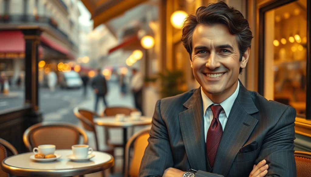 A portrait of Gilbert Bécaud, the iconic French singer-songwriter, captured in a vintage Parisian café setting. In the foreground, he is depicted with a charismatic smile, wearing a sharp tailored suit that reflects the elegance of the 1960s, with a subtle tie and a classic watch. His hair is neatly styled, adding to his polished appearance. In the middle ground, a blurred view of the café, featuring small round tables with coffee cups and delicate pastries, evokes a warm, intimate atmosphere. Soft, golden lighting enhances the nostalgic feel. The background reveals softly lit street scenes of Paris, with hints of classic architecture, creating an inviting ambiance. The overall mood is romantic and artistic, resonating with Bécaud's musical legacy.