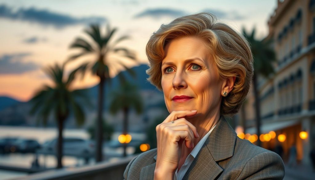 A serene and elegant portrait of Janet Woollacott, depicted in a thoughtful pose, set against a backdrop that symbolizes her historical importance. In the foreground, she is dressed in professional business attire, with a focus on her intellectual demeanor. The middle ground features iconic elements representing Claude François and Monaco, such as an elegant palm-lined street and hints of glamorous architecture, capturing the essence of the French Riviera. In the background, soft hues of twilight sky blend with silhouetted hills, creating an atmosphere of nostalgia and reflection. The lighting is warm and inviting, highlighting her features and casting gentle shadows, while a slightly blurred lens effect enhances the depth. Overall, the image conveys a sense of contemplation and historical significance, suitable for illustrating the context of her life and contributions.