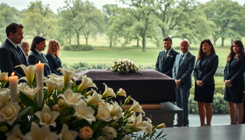 A serene and respectful scene depicting a funeral setting in Clamart, France. In the foreground, a well-organized arrangement of elegant flowers, mainly white lilies and roses, framed by small candles casting a soft, warm glow. The middle ground features a casket draped in a rich, dark fabric, surrounded by solemn attendees dressed in professional business attire, their expressions reflecting a sense of loss and remembrance. The background includes a tranquil, lush green landscape, with gently swaying trees under a soft, overcast sky, creating a somber but peaceful atmosphere. The image should convey a sense of dignity and respect for the occasion, focusing on the intimate gathering rather than any specific individuals. The lighting should be soft and diffused, evoking a calm and reflective mood.
