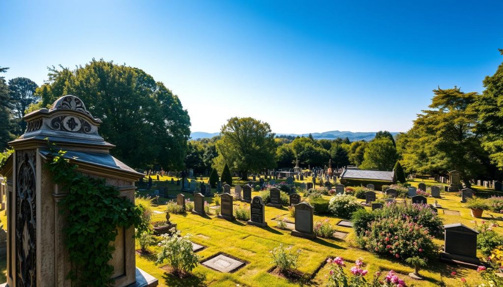A serene view of Clamart Cemetery, showcasing a beautiful landscape filled with lush green trees, meticulously arranged gravestones, and flowering plants. In the foreground, a weathered stone tomb, ornately carved, partially covered by delicate vines, inviting a sense of history and tranquility. The middle ground features rows of gravestones, each unique, reflecting various styles and ages. In the background, the soft silhouette of distant hills under a bright, clear blue sky filters warm sunlight, casting gentle shadows across the scene. Overall, the atmosphere is peaceful and reflective, evoking a serene moment amidst nature. The scene should be captured with a wide-angle lens to encompass the cemetery's layout, highlighting its beauty while maintaining a focus on emotional resonance.