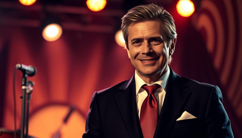 A striking portrait of Claude François, the iconic French singer, in a sophisticated setting. He is dressed in a stylish, tailored suit, with a crisp white shirt and a neatly tied tie. The focus is on his expressive face, highlighting his charismatic smile and captivating gaze. In the foreground, he stands confidently, exuding charm and energy. In the middle ground, soft, blurred lights evoke a nostalgic ambiance reminiscent of the 1970s French music scene, with vintage microphones and dimly lit stage elements. The background features abstract patterns that hint at a lively concert atmosphere. The lighting is warm and inviting, creating a sense of intimacy and nostalgia, while maintaining a professional and polished look throughout the image.