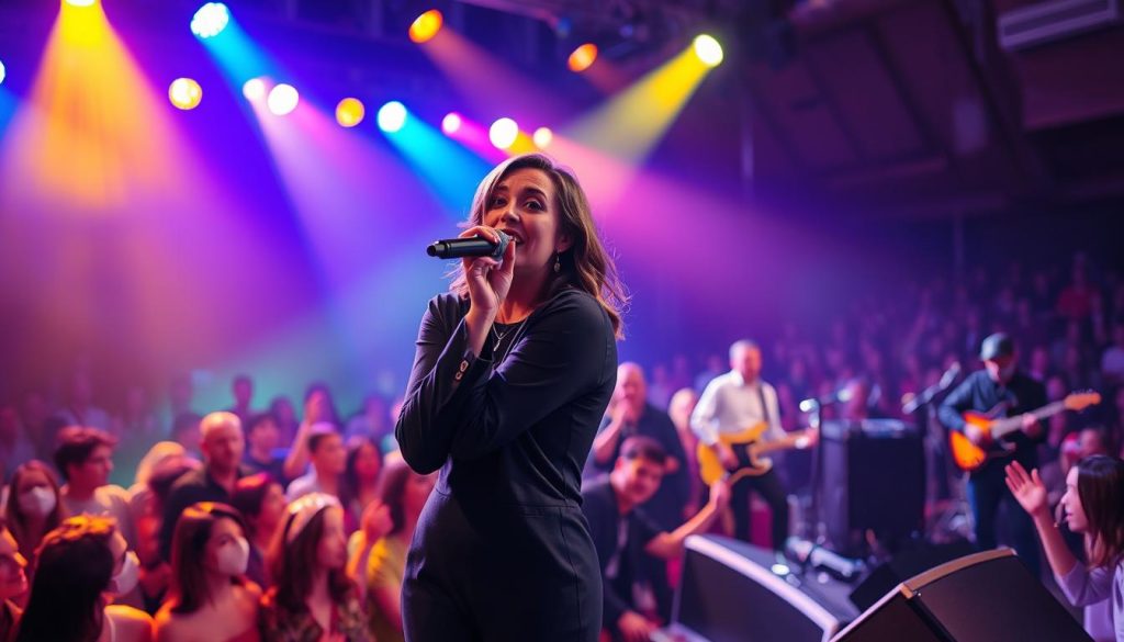 A vibrant concert scene featuring a female singer on stage, passionately performing with a microphone in hand. She wears an elegant, stylish outfit suitable for a professional artist, surrounded by colorful stage lights that wash over the scene. In the foreground, focus on her emotional expression as she engages with the audience. The middle ground includes a lively crowd, captivated by her performance, with a mix of ages and backgrounds. The background showcases a band playing musical instruments, with their silhouettes softly illuminated by the stage lights. The overall mood is dynamic and inspiring, reflecting the energy of live music and artistic collaboration, captured with a wide-angle lens to include the atmosphere of the venue. Soft bokeh effects add depth, enhancing the musical ambiance.