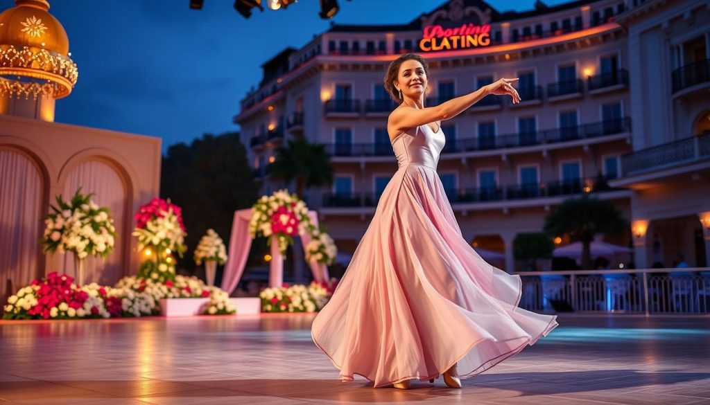 A vibrant scene set at Sporting Monte-Carlo, showcasing the elegance of a renowned dance performance. In the foreground, a gracefully posed female dancer in a flowing, floor-length gown with soft pastel colors, her expression one of passion and concentration. The middle ground features a beautifully decorated stage with lush floral arrangements and intricate lighting casting a warm glow. The background reveals the iconic architectural details of the Sporting Monte-Carlo, illuminated at dusk, hinting at the glamour of the Côte d’Azur. The image conveys a sense of sophistication and artistic expression, capturing the atmosphere of a high-profile dance event. Soft, ambient lighting accentuates the moment, giving a dreamy quality to the scene, while focusing on dance as the central theme.