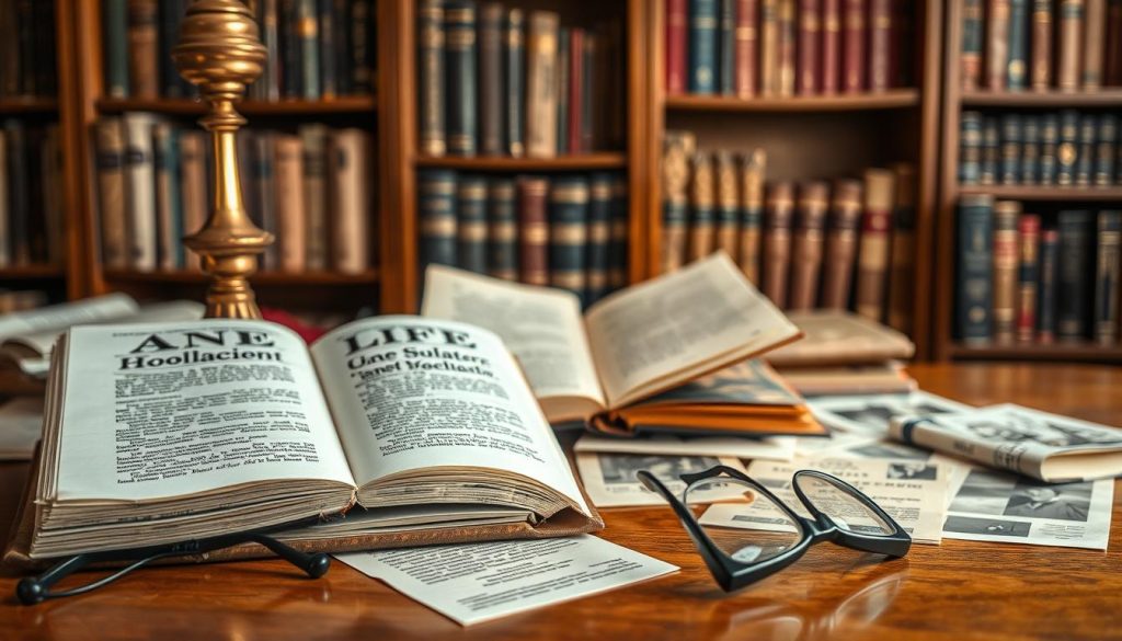 An open book with pages slightly turned, placed on a polished wooden desk, illuminated by soft, warm light from an antique brass lamp. In the foreground, a pair of reading glasses rests beside the book, hinting at careful study. The middle ground features a collection of historical documents and photographs scattered around, representing research on Janet Woollacott's life with subtle references to her contributions. The background showcases a well-organized bookshelf filled with various encyclopedias and journals, emphasizing the theme of reliable sources. The atmosphere is one of scholarly dedication, evoking a sense of timeless pursuit of truth, clarity, and respect for historical accuracy. The overall image conveys a professional and inviting ambiance, suitable for an informative article section.