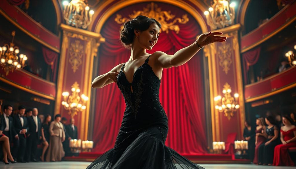 A captivating scene depicting a graceful danseuse performing at the iconic Olympia music hall in Paris. The foreground features a dancer in an elegant, sequined black dress with intricate details, gracefully poised mid-performance, capturing the essence of classic cabaret. Her expression conveys passion and intensity. In the middle ground, the vibrant stage is adorned with ornate golden decor and plush red curtains, emphasizing the luxurious atmosphere of the venue. Dim, warm stage lighting illuminates the dancer, creating dramatic shadows and highlights on her figure. The background showcases an audience dressed in sophisticated evening wear, engrossed in the performance. Set at an angle that captures the depth of the stage and the emotions of both the performer and the crowd, the overall mood is one of excitement and tension, reflecting the magic of live performance in Paris.