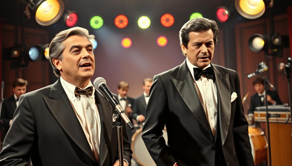 A dramatic scene depicting the rivalry between two legendary French singers, Claude François and Gilbert Bécaud, set in a vintage television studio. In the foreground, visualize Claude François, dressed in a sharp 1960s suit, with a confident expression, passionately performing at a microphone. Beside him, brightly lit, is Gilbert Bécaud, wearing a classic tuxedo, with an intense gaze, embodying charisma and competition. The middle ground features a lively band, with musicians playing instruments, captured in motion to emphasize the energy of the performance. The background shows colorful studio lights and retro television cameras, creating a nostalgic atmosphere, while a soft spotlight highlights the two artists, emphasizing their contrast and the tension of their rivalry. The overall mood is electric and dramatic, reflecting the clash of egos in a golden era of French music.