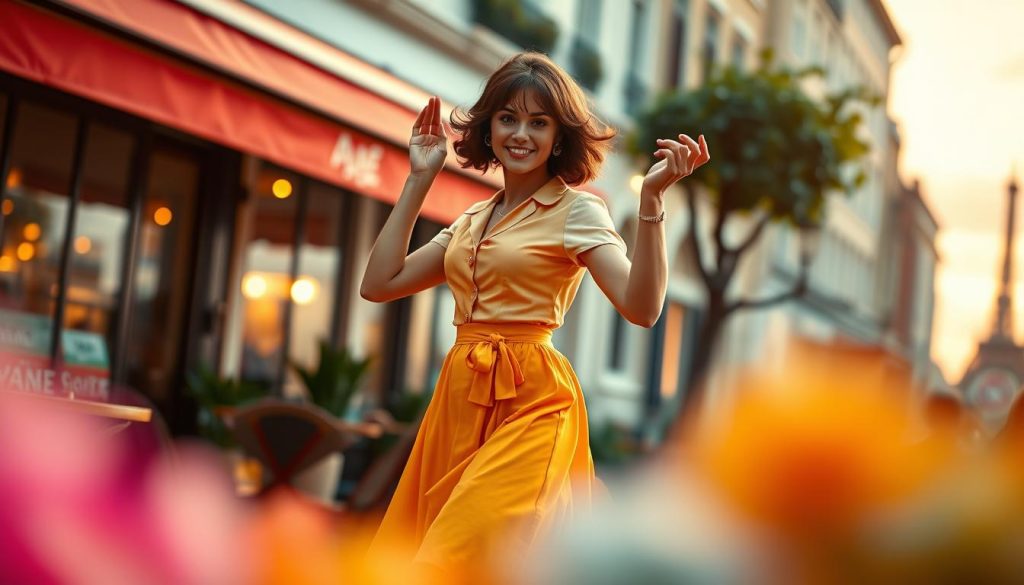 A graceful British dancer in the center of the image, embodying the spirit of the yéyé era, dressed in a stylish, modest vintage outfit with a flowing skirt. Her hair is styled in a chic 1960s cut, and she is poised in a dynamic dance pose that exudes energy and joy. In the foreground, vibrant colors reflect the lively atmosphere of the time. The middle ground features a softly blurred café scene, suggestive of a Parisian vibe, complete with subtle details like bistro tables and warm lighting. The background fades into a dreamy pastel sunset, adding a nostalgic ambiance. The overall mood of the image is vibrant and celebratory, reminiscent of the colorful cultural tapestry of the 1960s. The lighting is warm and inviting, capturing the essence of the yéyé movement.