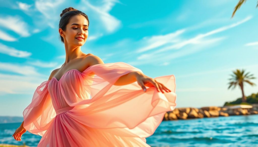 A graceful ballet dancer, embodying the spirit of the Côte d'Azur, is depicted in an elegant pose. She wears a flowing, pastel-colored dress that reflects the soft hues of a Mediterranean sunset, radiating warmth and vibrancy. The foreground captures her poised figure with delicate features and an expression of serene concentration. In the middle ground, the sunny coastline is visible, with gentle waves lapping against the shore, adorned by lush palm trees swaying lightly in the breeze. The background features a clear blue sky streaked with soft clouds, evoking a peaceful ambiance. Bright and natural lighting enhances the scene, creating a warm glow. The overall mood is joyful and inspired, encapsulating the beauty and charm of dance amidst the stunning backdrop of the Côte d'Azur.