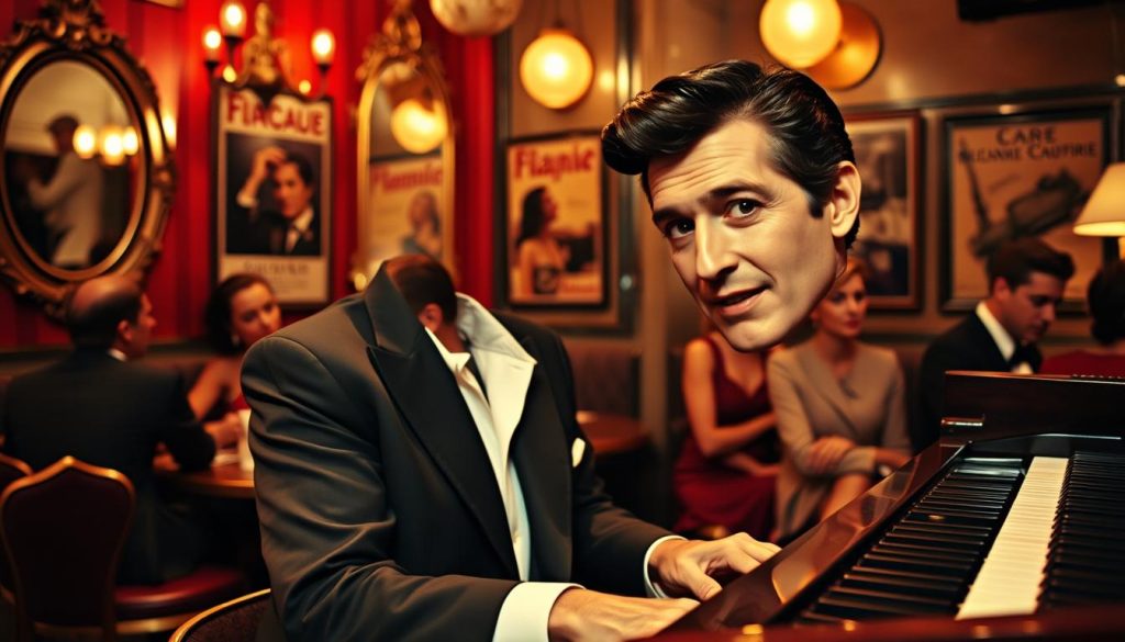 A portrait of Gilbert Bécaud, the celebrated French singer and songwriter, captured in a glamorous 1960s Parisian cafe setting. He is dressed in a sharp, tailored black suit with a crisp white shirt, exuding charisma and charm. The foreground features Bécaud passionately playing the piano, his expressive face illuminated by soft, warm lighting that highlights his iconic features, including his slicked-back hair. In the middle ground, elegantly dressed patrons are captivated by his performance, fostering a lively atmosphere. The background displays vintage cafe decor with ornate mirrors and classic French posters, creating a nostalgic ambiance. The mood is both vibrant and intimate, inviting viewers to experience the essence of French music and culture during that era. A portrait of Gilbert Bécaud, the celebrated French singer and songwriter, captured in a glamorous 1960s Parisian cafe setting. He is dressed in a sharp, tailored black suit with a crisp white shirt, exuding charisma and charm. The foreground features Bécaud passionately playing the piano, his expressive face illuminated by soft, warm lighting that highlights his iconic features, including his slicked-back hair. In the middle ground, elegantly dressed patrons are captivated by his performance, fostering a lively atmosphere. The background displays vintage cafe decor with ornate mirrors and classic French posters, creating a nostalgic ambiance. The mood is both vibrant and intimate, inviting viewers to experience the essence of French music and culture during that era.