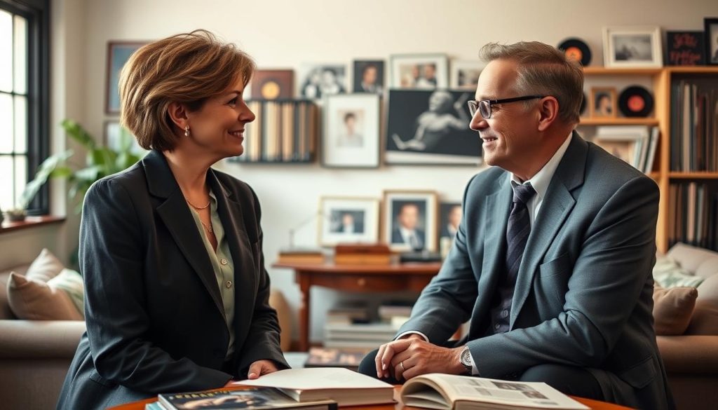 A portrait of Janet Woollacott and Claude François, depicted in a warm, professional setting that reflects their relationship. In the foreground, Janet is wearing a smart blazer and a blouse, displaying a thoughtful expression as she engages in conversation with Claude, who is dressed in a tailored suit. Their body language suggests a friendly rapport. The middle ground features a cozy coffee table with books and personal items that hint at their mutual interests. The background captures a softly lit room with shelves lined with records and photographs, emphasizing a nostalgic atmosphere. The soft, natural light coming through a nearby window enhances the mood, creating an intimate, yet professional ambiance suitable for an article discussing their connection.