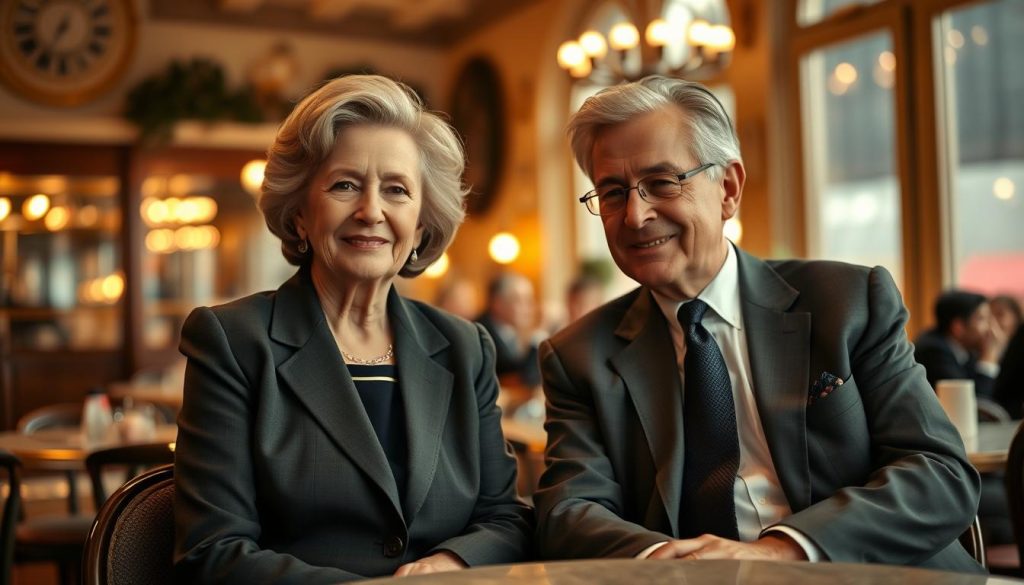 A portrait of Janet Woollacott and Gilbert Bécaud seated together in a warmly lit, elegant café setting. In the foreground, both subjects are engaging in conversation, with Woollacott in a professional blazer and Bécaud in a classic suit, each exuding charm and intellect. The background features soft bokeh with hints of a bustling café ambiance, adorned with vintage decor and soft lighting. Natural light filters through large windows, creating a cozy atmosphere. Capture the moment from a slightly elevated angle to emphasize their expressions and the intimate setting. The mood is reflective and respectful, resonating with the essence of their shared history while maintaining a sophisticated tone. The image should be clear, focused, and professional, devoid of any text or additional elements.
