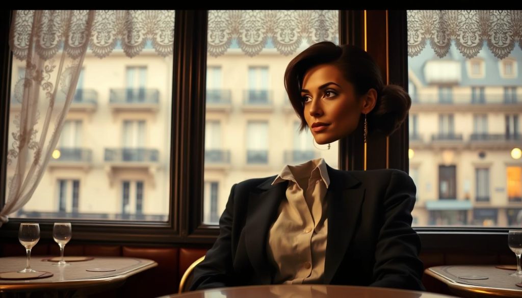 A portrait of Monique Nicolas, elegantly dressed in a stylish yet professional outfit, exuding charm and sophistication. She is positioned in a dimly lit Parisian café, with an air of mystery surrounding her. In the foreground, delicate café tables with vintage decor. In the middle, Monique gazes thoughtfully out of a large window adorned with lace curtains, capturing the essence of 1960s Parisian romance. The background features a blurred view of classic Parisian architecture. Warm, soft lighting creates a nostalgic mood, reminiscent of a bygone era. The angle captures Monique from a slight side profile, emphasizing her facial features while maintaining a sense of intrigue, reflecting the duality of her relationship with Gilbert Bécaud.