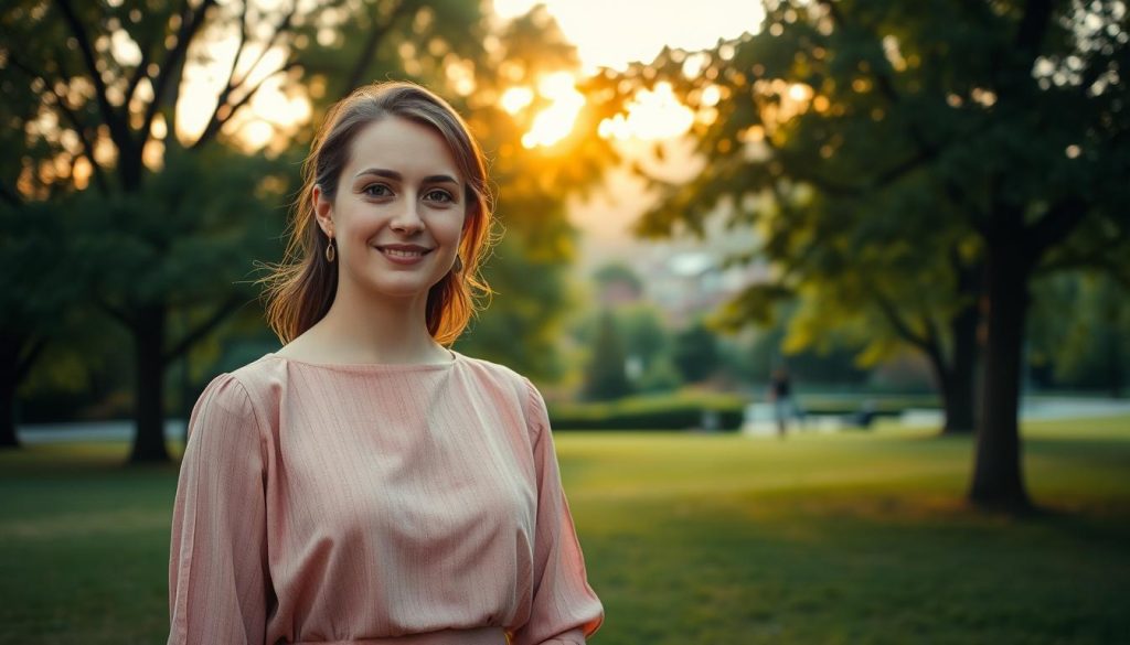 A serene park setting during golden hour, featuring a young woman in her 30s, Jennifer, the daughter of Janet Woollacott. She is standing gracefully in the foreground, dressed in a modest, elegant outfit that captures a blend of nostalgia and modernity. Her expression embodies warmth and resilience, reflecting her journey after a significant chapter in her life. In the middle ground, soft green trees provide a natural backdrop, while the sunlight filters through the leaves, casting a gentle glow. In the distance, hints of a quaint town can be seen, symbolizing a new beginning. The mood is hopeful and reflective, with a focus on family ties and personal growth. Camera angle is slightly low, giving prominence to Jennifer while encompassing the beauty of her surroundings.