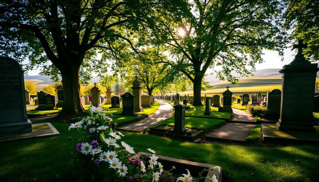 A serene view of the Clamart cemetery, capturing the essence of remembrance. In the foreground, a well-tended grave adorned with fresh flowers, including vibrant daisies and white lilies. The middle ground features ornate headstones, some with intricate carvings, under a canopy of lush green trees that filters sunlight through the leaves, casting dappled shadows on the ground. The background reveals a tranquil pathway winding through the cemetery, lined with moss-covered stones and gentle, rolling hills beyond. The scene is bathed in warm, golden-hour lighting, evoking a peaceful and reflective mood. The angle is slightly elevated to provide a panoramic view, showcasing the beauty and serenity of this final resting place without any people present. A serene view of the Clamart cemetery, capturing the essence of remembrance. In the foreground, a well-tended grave adorned with fresh flowers, including vibrant daisies and white lilies. The middle ground features ornate headstones, some with intricate carvings, under a canopy of lush green trees that filters sunlight through the leaves, casting dappled shadows on the ground. The background reveals a tranquil pathway winding through the cemetery, lined with moss-covered stones and gentle, rolling hills beyond. The scene is bathed in warm, golden-hour lighting, evoking a peaceful and reflective mood. The angle is slightly elevated to provide a panoramic view, showcasing the beauty and serenity of this final resting place without any people present.