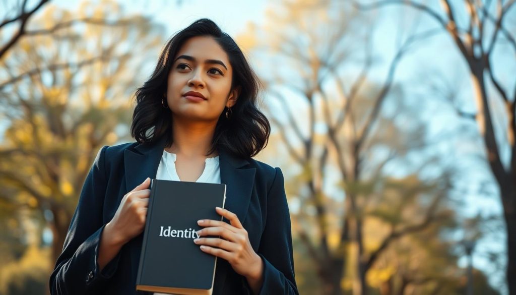 A thoughtful young woman, styled as a modern professional, stands confidently in a serene park environment. She has medium-length, wavy dark hair and is dressed in a tailored navy blazer over a white blouse, giving her a polished yet approachable look. In the foreground, the woman holds a book titled "Identity" against her chest, symbolizing her quest for self-discovery. The middle ground features softly blurred trees with filtering sunlight that casts a warm, golden glow, enhancing the reflective mood. The background shows a clear blue sky, adding a sense of calm and hope. The composition is captured with a slightly low angle, creating a feeling of empowerment and aspiration. The overall atmosphere is contemplative and inspiring, perfect to illustrate themes of identity and recognition.