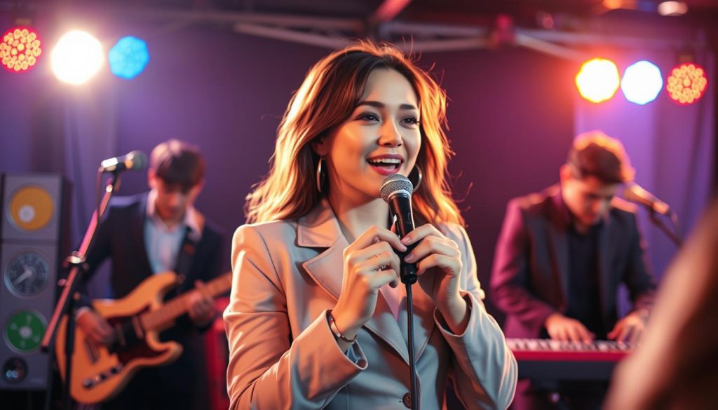 A dynamic scene capturing a vibrant musical performance featuring a female singer in a stylish, professional outfit, engaged with an audience. In the foreground, she holds a microphone, her face expressing passion and energy. The middle ground showcases a small band, including a guitarist and a keyboardist, subtly complementing her with musical harmony. In the background, soft, colorful stage lights create a lively atmosphere, enhancing the sense of excitement. The setting should feel intimate yet engaging, with gentle focus on the performers, as if observed through a 50mm lens, highlighting richness in detail and clarity. The mood is uplifting and energetic, embodying the essence of live music and public appearances.
