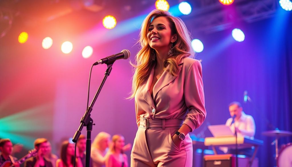 A famous female singer standing on stage, captivating an audience with her powerful voice. She wears a stylish, elegant outfit suitable for a performance, reflecting a blend of modern and classic fashion. The stage is adorned with vibrant lighting, casting colorful hues that enhance the energetic atmosphere. In the foreground, a classic microphone is visible, symbolizing her musical talent. The audience can be seen in soft focus in the middle ground, engaged and excited, creating a sense of connection. The background features musical instruments like guitars and keyboards, hinting at her collaborations and projects. The scene is illuminated with warm, dynamic lighting to evoke a lively and inspiring mood, capturing the essence of her career as a singer.