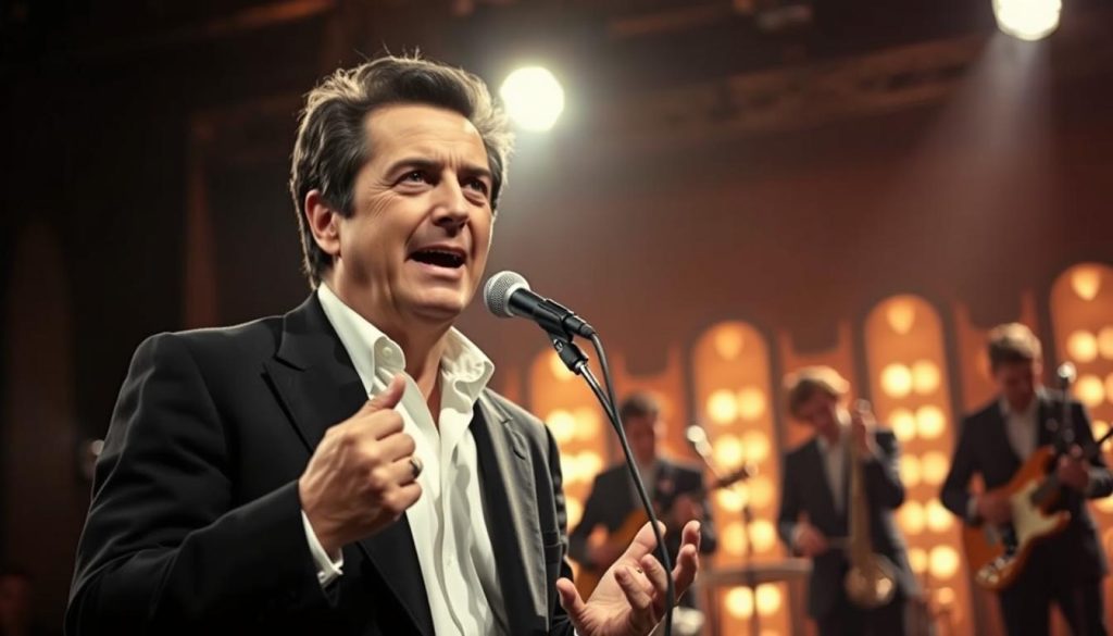 A portrait of Gilbert Bécaud, capturing his intense charisma and passionate expression. He is depicted in a classic performance setting, wearing a stylish black suit and a crisp white shirt. The foreground features him standing confidently with a microphone in hand, his expressive hands gesturing as he sings. In the middle ground, there are silhouettes of musicians playing instruments, creating a dynamic sense of energy. The background reveals a dimly lit stage with soft, warm spotlighting that highlights Bécaud’s features, giving a nostalgic and intimate feel. The ambiance suggests a romantic atmosphere reminiscent of a 1960s Parisian concert. The overall mood is vibrant and emotionally charged, inviting the viewer into the moment.