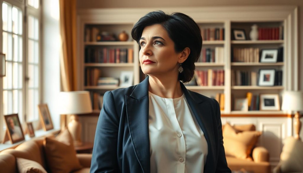 A professional portrait of a middle-aged woman named Dominique Perrier, depicted standing in a classy yet inviting living room. She has dark hair styled elegantly and is wearing a well-tailored navy blue blazer over a crisp white blouse, reflecting her sophistication. Dominique is gazing thoughtfully out of a large window, with soft natural light illuminating her face, casting gentle shadows that enhance her features. In the background, a bookshelf filled with classic literature and family photographs creates an intimate atmosphere. The color palette is warm and harmonious, with gold and cream tones dominating, making the space welcoming. The depth of field is shallow, focusing sharply on her while the background remains softly blurred to emphasize her presence.