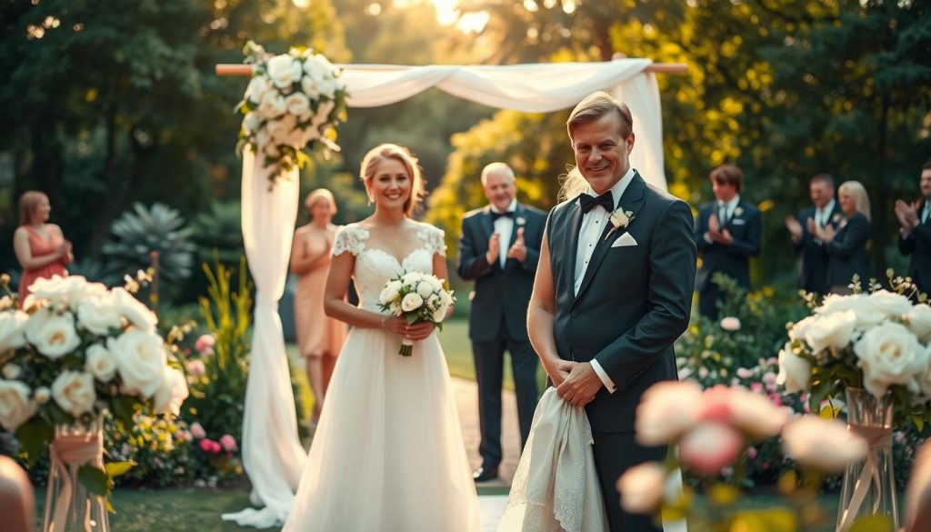 A serene outdoor wedding scene featuring Claude François and Janet Woollacott on their wedding day. In the foreground, a beautifully decorated altar adorned with white flowers and draped fabric creates a romantic focal point. Claude is depicted in a classic tuxedo, exuding charm and elegance, while Janet wears a modest yet exquisite wedding gown with lace details. In the middle ground, guests can be seen smiling and clapping, dressed in formal attire and colorful dresses, capturing the joy of the moment. The background features a lush garden with vibrant greenery and soft pastel flowers under a warm, golden sunlight, creating a joyous and nostalgic atmosphere. The image should evoke romance and celebration, with a soft focus on the couple and a slight bokeh effect for added depth.