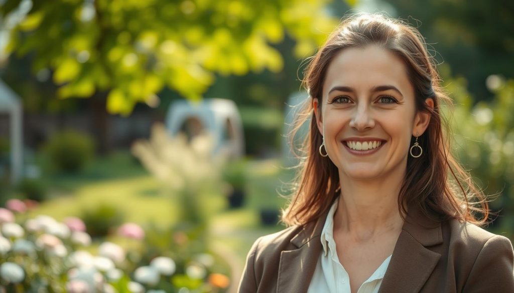 A striking portrait of Jennifer Bécaud, presenting her in a serene outdoor setting, embodying warmth and family connection. In the foreground, she is dressed in smart casual attire, radiating confidence while engaging with her surroundings. The middle ground features lush greenery and soft flowers, symbolizing growth and familial bonds. A gentle sunlight filters through the trees, illuminating her face with a soft glow, creating an inviting and hopeful atmosphere. The background showcases a blurred view of a peaceful garden, enhancing the focus on her. The image is shot with a shallow depth of field, employing a 50mm lens to beautifully capture her expressions and the essence of familial relationships. The overall mood conveys affection, unity, and a sense of belonging.