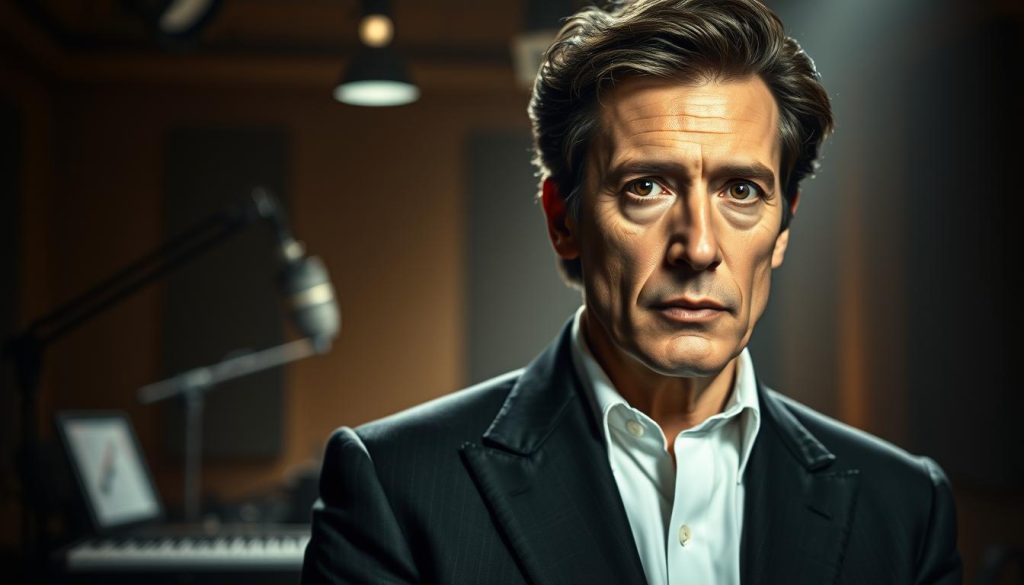 A stylized portrait of Claude François, capturing him in a moment of introspection. He is depicted in a tailored, dark suit with a crisp white shirt, conveying both sophistication and a hint of vulnerability. The foreground features a close-up of his face, showcasing his expressive eyes and characteristic hairstyle. In the middle ground, slightly blurred, are the outlines of a vintage recording studio, with dimmed lighting that creates a warm, nostalgic atmosphere. The background hints at a 1970s French cityscape, adding context to his era. Soft spotlighting emphasizes Claude’s features, creating a dramatic effect, while the overall color palette consists of muted earth tones, evoking a sense of melancholy and tension. The composition should feel intimate yet reflective, highlighting the complexities of his personal life.