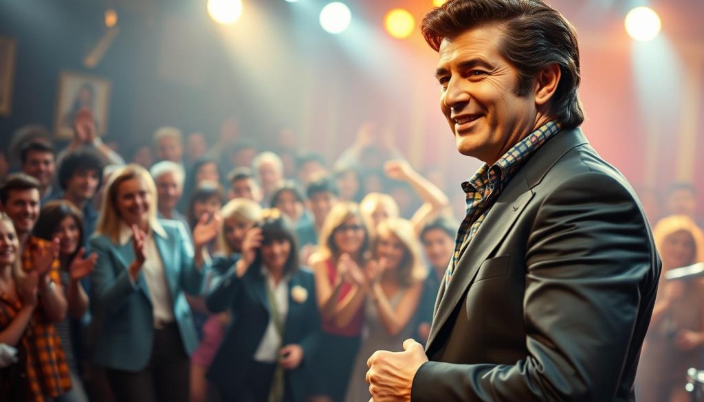 A vintage-inspired depiction of Claude François during the 1960s and 70s, showcasing his dynamic personality. In the foreground, a stylish musician in a tailored suit, with a confident expression and slicked-back hair, performing on stage, surrounded by bright stage lights. In the middle, a lively crowd of fans, showcasing diverse fashion typical of the era, applauding and dancing with joy. The background features a colorful, retro concert setting, highlighted with soft, warm lighting that captures the nostalgic atmosphere of the time. The overall mood is vibrant and cheerful, echoing the energy of a live performance. The angle should be slightly elevated to capture the interaction between the performer and his audience, invoking a sense of excitement and engagement.