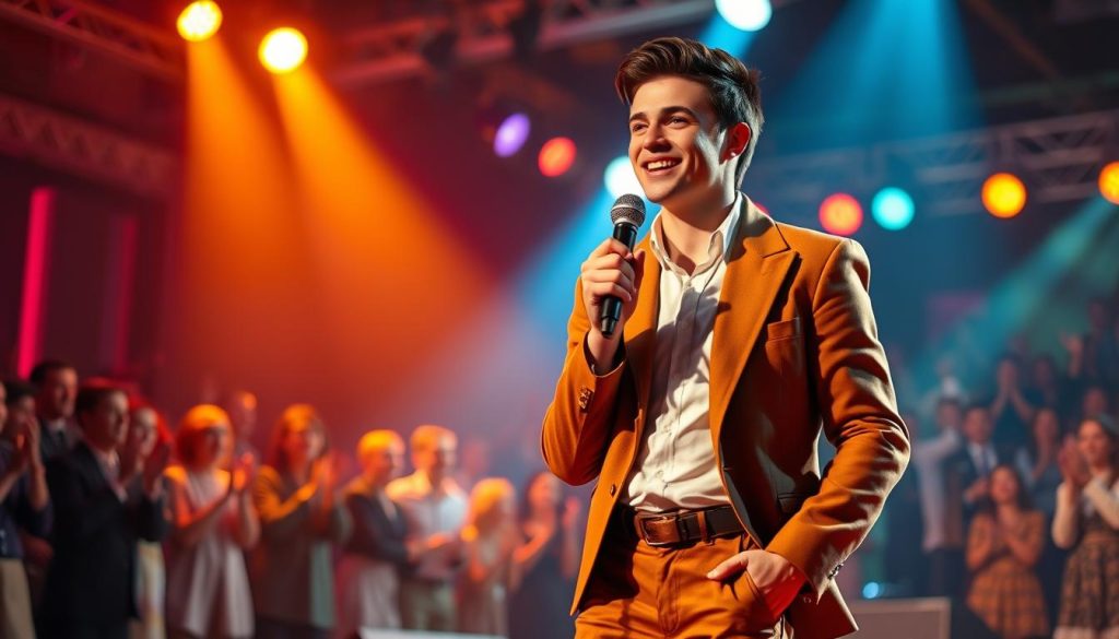 A young male singer in the style of Claude François, dressed in a stylish 1960s outfit featuring a fitted jacket and tailored trousers, stands confidently on a vibrant stage. In the foreground, he is mid-performance, exuding charisma with a microphone in hand and a charming smile. The middle layer showcases a lively audience, captivated by his charisma, with applause and joyful expressions. The background is filled with colorful concert lights illuminating the scene, enhancing the energetic atmosphere. Soft, warm lighting highlights the singer's features, while a slightly blurred perspective emphasizes depth and focus on him. The overall mood is upbeat and nostalgic, capturing the essence of a lively music era while maintaining a professional presentation.