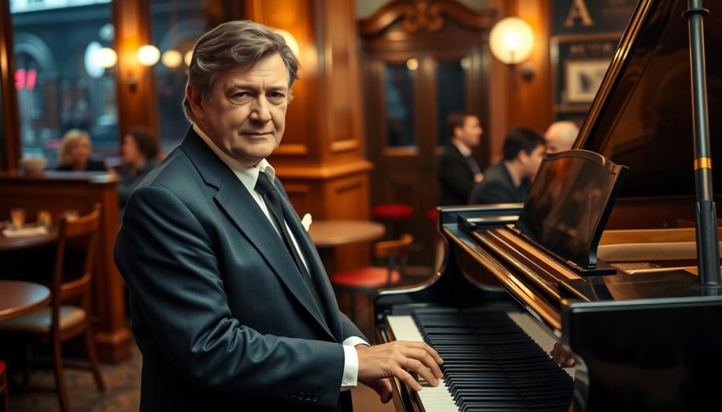 Gilbert Bécaud stands confidently at a vintage grand piano, wearing a tailored navy suit and a crisp white shirt, embodying the elegance of a classic French artist. His intense expression reflects a moment of creative contemplation, with one hand poised above the keys, ready to play. In the background, a softly lit, intimate Parisian café with wooden accents and warm, ambient lighting enhances the nostalgic atmosphere. The setting hints at the vibrant music scene of the late 20th century, where Bécaud's passion ignited. The focus is sharp on Bécaud, with a shallow depth of field that gently blurs the café patrons enjoying their evening, evoking a sense of timeless musical nostalgia. The mood is warm, inspiring, capturing the essence of a pivotal time in his life.