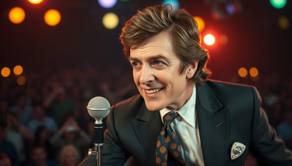 A charismatic portrait of Claude François, the iconic French singer, dressed in a stylish 1970s suit with a bold patterned tie. In the foreground, he is captured mid-performance, exuding energy and confidence with an expressive pose, perhaps leaning towards the audience, his hair perfectly styled. In the middle ground, a vibrant stage setting showcases colorful lights and a vintage microphone, hinting at the glamour of his era. The background features an enthusiastic crowd, subtly blurred to emphasize Claude, with soft bokeh lighting that suggests an intimate concert atmosphere. The overall mood radiates nostalgia and celebration of his legacy, with warm, inviting lighting that evokes the essence of a live music experience.