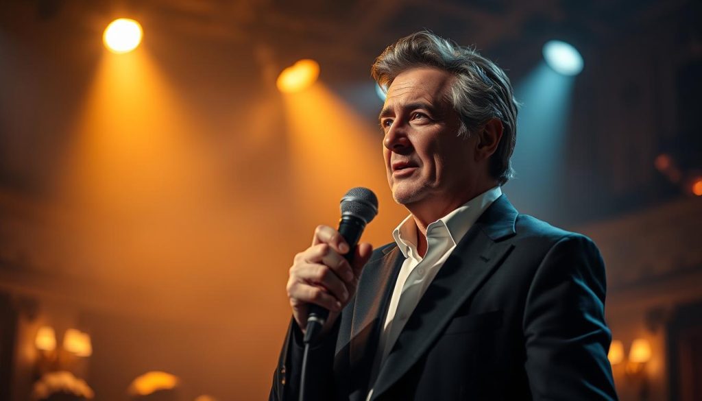 A polished portrait of Gilbert Bécaud, a renowned French singer-songwriter, captured in a moment of passionate performance. In the foreground, he stands confidently with a microphone in hand, dressed in a smart, tailored black suit, and a crisp white shirt. His intense gaze conveys emotion, as he passionately engages with an unseen audience. The middle ground features a softly-lit stage, illuminated by warm, golden spotlights that highlight his figure, creating a captivating atmosphere. The background is blurred, suggesting an elegant theater filled with subtle shadows and hints of vintage decor, evoking nostalgia. The overall mood is dynamic, artistic, and reflective of Bécaud's deep emotional connection to his music, perfect for illustrating the themes of representation versus reality in film.