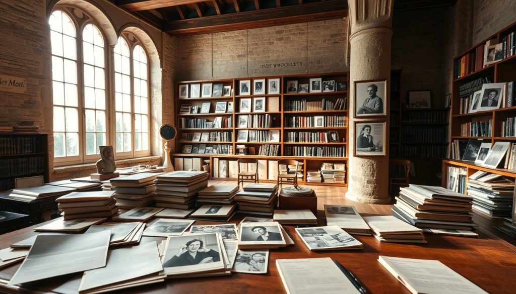 A serene library or archival room in France, filled with vintage photographs and documents related to Janet Woollacott. In the foreground, an elegant wooden table is strewn with black-and-white photographs, some featuring Janet Woollacott speaking at public events, alongside neatly organized files and albums. The middle of the scene displays tall shelves lined with archival boxes and framed photos, showcasing the history of women's contributions in media. Soft, warm lighting filters through large, tall windows, casting gentle shadows across the space. The background features detailed textures of old stone walls and wooden beams, creating a cozy yet scholarly atmosphere. The overall mood is one of discovery and reverence for the past, inviting viewers to explore the rich history captured within these archives.