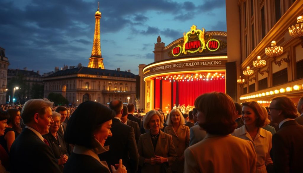 A vibrant scene of the Paris Olympia in the 1960s, bustling with energy. In the foreground, a diverse group of elegantly dressed audience members, showcasing classic 60s fashion in professional attire, engaged in conversation and laughter. The middle ground features the iconic stage of the Olympia, beautifully lit with colorful spotlights, where a live performance is taking place, hinting at the glamour of the era. The background captures the historic architecture of the theater contrasted against a dusky Parisian sky, with the Eiffel Tower faintly visible in the distance. Soft, warm lighting creates an inviting atmosphere, and the image is shot from a slightly elevated angle to capture both the crowd’s excitement and the grandeur of the venue. The overall mood is nostalgic and lively, reflecting the artistic spirit of 1960s Paris.