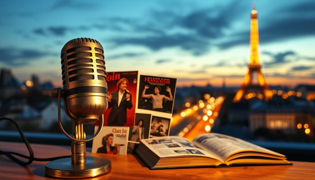 A visually striking biography of Claude François, capturing the essence of his life through a montage of images. In the foreground, display a vintage microphone symbolizing his music career, accompanied by iconic photographs of François performing on stage in stylish 70s clothing. In the middle ground, include snippets of his album covers and magazine articles, elegantly arranged as if emerging from a scrapbook. The background features a soft-focus Parisian skyline at dusk, with warm golden lighting that creates a nostalgic atmosphere. Use a shallow depth of field to emphasize the foreground elements, conveying a sense of intimate storytelling and reflection. The overall mood should be vibrant and celebratory, illustrating the impact of his life and work without any text or distractions.