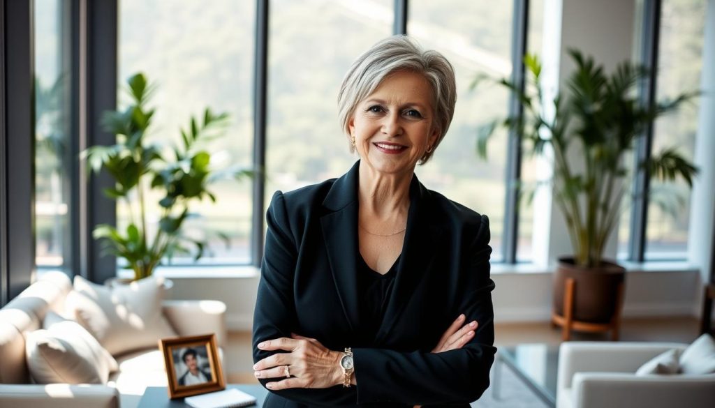 Janet Woollacott, a mature woman in her 60s, stands confidently in a stylish yet professional outfit, exuding an aura of resilience and sophistication. Her short, elegantly styled hair frames her face, showcasing soft features and a warm smile. She is posed in a well-lit, modern office space that has large windows in the background, letting in natural light that casts gentle shadows. The furniture is contemporary, with hints of greenery from potted plants. In the foreground, a small desk holds a few personal items, like a framed photo and a notepad, reflecting her life beyond being an ex-wife. The overall mood is one of empowerment and tranquility, symbolizing her journey of self-discovery and independence. The angle is slightly from the side, capturing both her expression and the inviting environment around her.