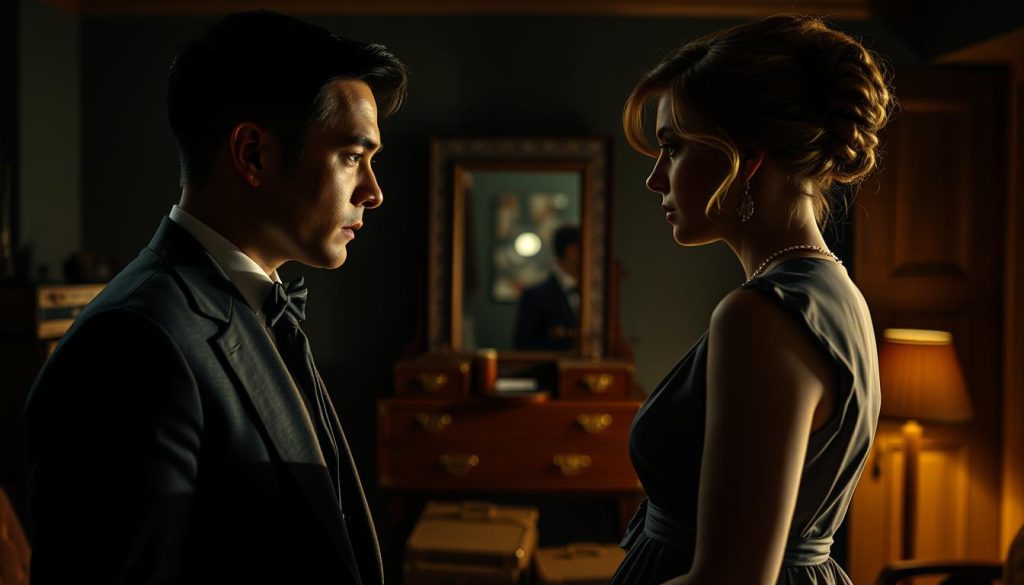 A dramatic scene capturing the essence of jealousy and tension in a relationship, set in a stylized backstage environment. In the foreground, a man in a sharply tailored suit, embodying the persona of Claude François, gazes intensely at a woman dressed in an elegant, modest dress, representing Janet Woollacott. Their expressions are a mix of longing and conflict, highlighting emotional complexity. The middle layer shows soft-focus props like vintage music equipment and a dimly lit dressing room mirror, reflecting their strained dynamics. The background features moody lighting with deep shadows, enhancing the atmosphere of unease, using a slightly tilted angle for dramatic effect. Soft, warm lighting casts an intimate yet tense ambiance, suggesting deep, unspoken emotions.