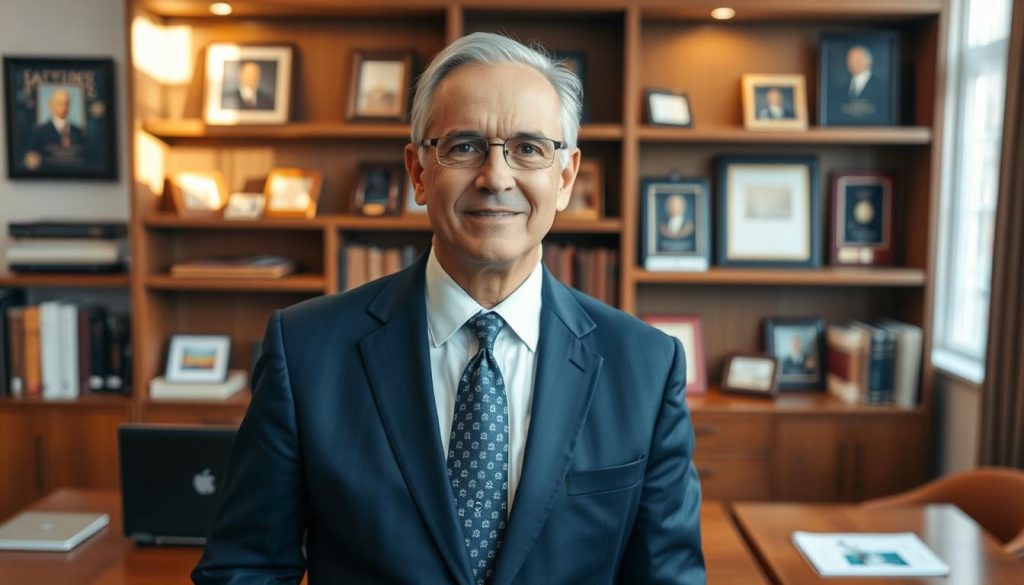 A formal portrait of Jean Sarrus, a distinguished figure in a professional business setting. He is wearing a tailored navy suit with a crisp white shirt and a subtle patterned tie, exuding an air of confidence and professionalism. The foreground features him standing against a polished wooden desk with a few academic books and a laptop subtly arranged, conveying an aura of intellect. In the middle ground, there are shelves filled with framed photographs and awards illustrating his achievements. The background is softly blurred to highlight Sarrus, with warm, natural lighting streaming through a window, creating a welcoming and scholarly atmosphere. The composition is shot at eye level, emphasizing his approachable demeanor and expertise. A formal portrait of Jean Sarrus, a distinguished figure in a professional business setting. He is wearing a tailored navy suit with a crisp white shirt and a subtle patterned tie, exuding an air of confidence and professionalism. The foreground features him standing against a polished wooden desk with a few academic books and a laptop subtly arranged, conveying an aura of intellect. In the middle ground, there are shelves filled with framed photographs and awards illustrating his achievements. The background is softly blurred to highlight Sarrus, with warm, natural lighting streaming through a window, creating a welcoming and scholarly atmosphere. The composition is shot at eye level, emphasizing his approachable demeanor and expertise.