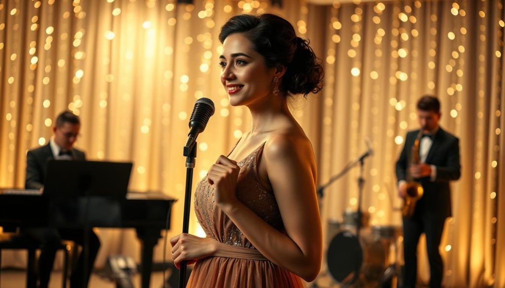 A poised female chanteuse stands in the foreground, gracefully holding a vintage microphone, dressed in a stylish yet modest evening gown that glistens softly in the light. She exudes elegance and charm, with a subtle smile, capturing the essence of a timeless performer. In the middle ground, a small jazz band is seen, with an accomplished pianist and a saxophonist, their attention focused on the singer, creating a collaborative and intimate atmosphere. The background features a softly blurred stage adorned with delicate fairy lights that twinkle like stars, complemented by a gentle mist of simulated rain, enhancing the mood of a cozy yet vibrant performance. Soft, warm stage lighting casts a gentle glow on the scene, creating an inviting ambiance that reflects the joy of music and collaboration.