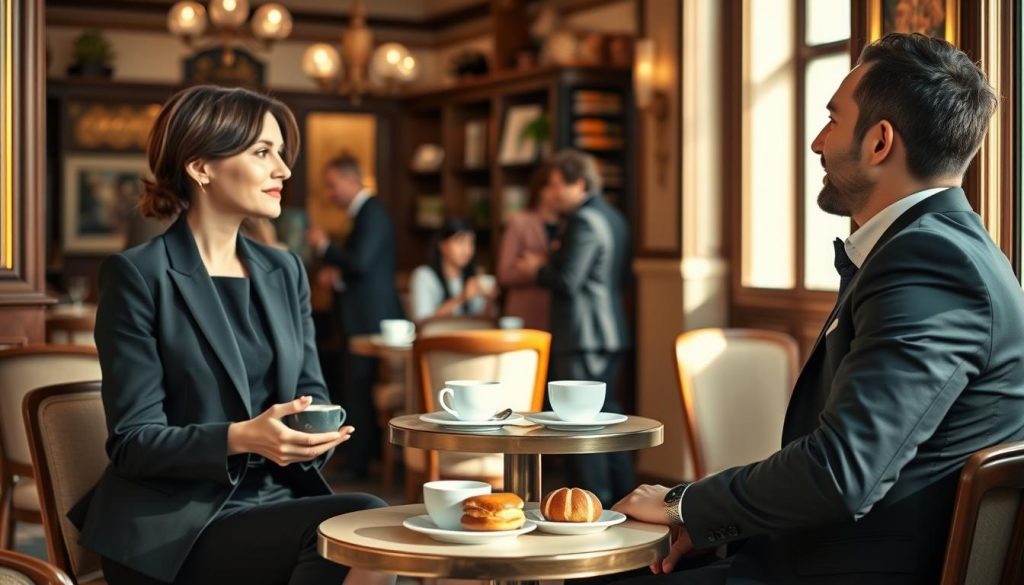 A sophisticated and elegant setting showcasing a stylish café interior in Paris. In the foreground, a well-dressed couple engaged in an animated discussion, embodying a sense of intrigue and connection. They are seated at a small round table with coffee cups and pastries, dressed in professional attire—she in a chic blazer and blouse, he in a tailored suit. In the middle ground, the café features wooden furnishings, soft lighting, and vintage decor that conveys a warm, inviting atmosphere. In the background, softly blurred onlookers chat and enjoy their drinks, creating a lively yet intimate ambiance. The lighting is bright but warm, reminiscent of a late afternoon glow, casting gentle shadows that enhance the depth and mood of the scene. A sophisticated and elegant setting showcasing a stylish café interior in Paris. In the foreground, a well-dressed couple engaged in an animated discussion, embodying a sense of intrigue and connection. They are seated at a small round table with coffee cups and pastries, dressed in professional attire—she in a chic blazer and blouse, he in a tailored suit. In the middle ground, the café features wooden furnishings, soft lighting, and vintage decor that conveys a warm, inviting atmosphere. In the background, softly blurred onlookers chat and enjoy their drinks, creating a lively yet intimate ambiance. The lighting is bright but warm, reminiscent of a late afternoon glow, casting gentle shadows that enhance the depth and mood of the scene.