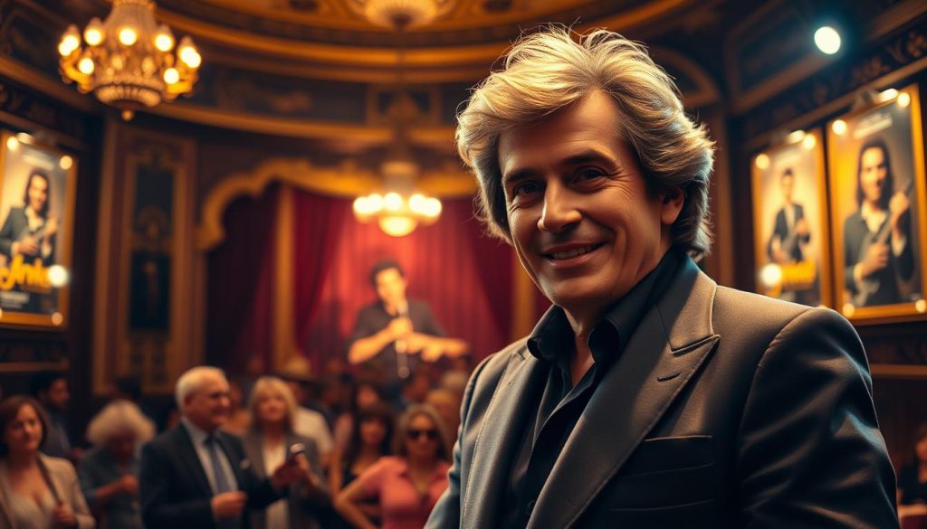 A stylish portrait of Claude François, the iconic French singer, in the spotlight of a vintage music hall. He stands confidently in the foreground, dressed in a classic 1970s suit with a playful expression, capturing his charismatic stage presence. His meticulously styled hair gleams under warm, dramatic stage lighting that casts soft shadows, enhancing the mood of nostalgia. In the middle ground, a blurred view of an enthusiastic audience, dressed in retro attire, adds life to the scene. The background features ornate theater decor with vintage posters of Claude's performances, creating a rich context that reflects his legendary status in French pop culture. The overall atmosphere is vibrant yet reflective, embodying both the allure of fame and the intimate moments behind the scenes.