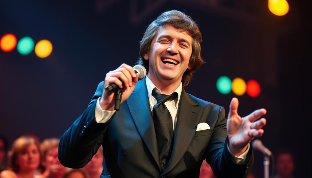 A stylized portrait of Claude François, the iconic French pop singer, captured in a dynamic moment of performance. He is dressed in a sharp, tailored 1970s suit, complete with a crisp white shirt and black tie. His hair is impeccably styled, with a charming smile that radiates joy and energy. The foreground features him singing passionately into a vintage microphone, with his hands outstretched, emphasizing the emotional connection of his song "Le Mal-Aimé." The middle ground includes a small vibrant crowd of fans, illustrating their excitement and engagement. The background is dimly lit, with soft colorful stage lights creating an intimate and nostalgic atmosphere. A slight bokeh effect blurs the crowd, focusing attention on Claude, capturing the essence of music, nostalgia, and emotion. The lighting is warm and inviting, evoking a sense of nostalgia for classic French pop music.