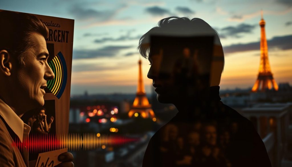 A surreal and imaginative representation of "mélange mémoire collective," featuring a collage of iconic French singers such as Claude François, Gilbert Bécaud, and France Gall, intertwined with imagery of Johnny Hallyday. In the foreground, vintage record covers blend into the silhouettes of the musicians, their faces partially obscured by colorful sound waves. The middle ground showcases a blurred concert scene with vibrant lights and shadows, capturing the fervor of a live performance. The background is a dreamlike skyline of Paris at dusk, with soft golden hues and the Eiffel Tower subtly illuminated. The atmosphere is nostalgic and reflective, inviting viewers to ponder the intersection of fame and collective memory, all captured with a soft focus to enhance the ethereal quality. A surreal and imaginative representation of "mélange mémoire collective," featuring a collage of iconic French singers such as Claude François, Gilbert Bécaud, and France Gall, intertwined with imagery of Johnny Hallyday. In the foreground, vintage record covers blend into the silhouettes of the musicians, their faces partially obscured by colorful sound waves. The middle ground showcases a blurred concert scene with vibrant lights and shadows, capturing the fervor of a live performance. The background is a dreamlike skyline of Paris at dusk, with soft golden hues and the Eiffel Tower subtly illuminated. The atmosphere is nostalgic and reflective, inviting viewers to ponder the intersection of fame and collective memory, all captured with a soft focus to enhance the ethereal quality.