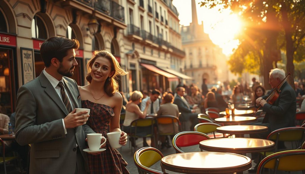 A vibrant portrayal of a vintage Parisian café during the mid-1960s, capturing the essence of cultural exchange. In the foreground, a stylish couple dressed in chic, modest fashion, engaged in animated conversation over coffee. The man sports a tailored suit with a narrow tie, while the woman wears a fashionable dress with a fitted waist. In the middle ground, patrons are seated at colorful bistro tables, immersed in conversation, with a stringed musician playing softly nearby. The background features iconic Parisian architecture, with warm sunlight filtering through the trees, casting dappled shadows. The scene evokes a sense of nostalgia and lively atmosphere, bathed in golden hour light from a low angle, enhancing the overall warmth and vibrancy of the moment. A vibrant portrayal of a vintage Parisian café during the mid-1960s, capturing the essence of cultural exchange. In the foreground, a stylish couple dressed in chic, modest fashion, engaged in animated conversation over coffee. The man sports a tailored suit with a narrow tie, while the woman wears a fashionable dress with a fitted waist. In the middle ground, patrons are seated at colorful bistro tables, immersed in conversation, with a stringed musician playing softly nearby. The background features iconic Parisian architecture, with warm sunlight filtering through the trees, casting dappled shadows. The scene evokes a sense of nostalgia and lively atmosphere, bathed in golden hour light from a low angle, enhancing the overall warmth and vibrancy of the moment.